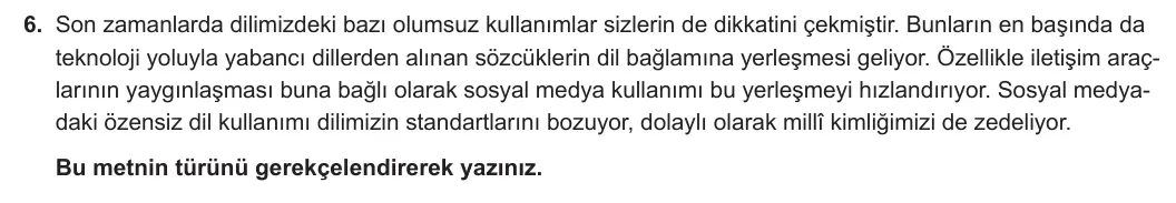 8. Sınıf Türkçe 2023-2024 2. Dönem 2. Yazılı 2. Bölüm 6. Soru (MEB Yayınları) görseli