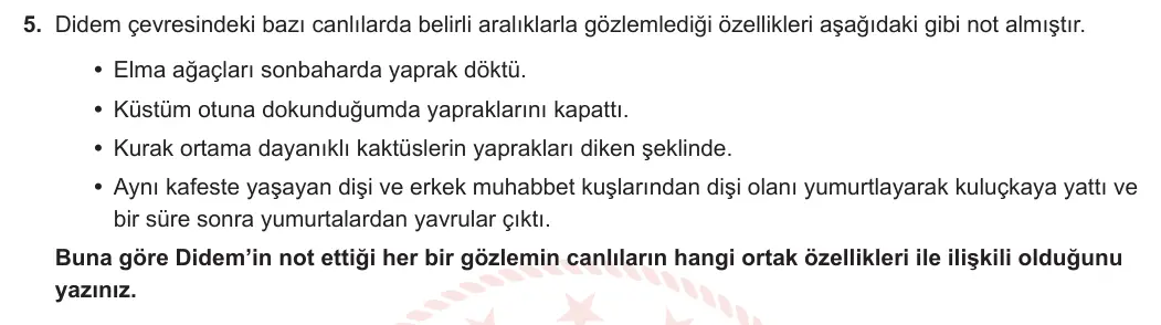 9. Sınıf Biyoloji 2024-2025 1. Dönem 1. Yazılı 5. Soru görseli