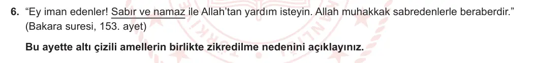 11. Sınıf Din Kültürü ve Ahlak Bilgisi 2024-2025 1. Dönem 1. Yazılı 6. Soru görseli