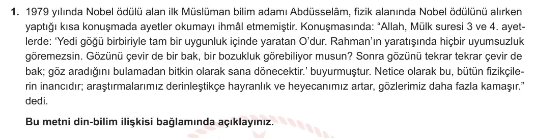 12. Sınıf Din Kültürü ve Ahlak Bilgisi 2024-2025 1. Dönem 1. Yazılı 1. Soru görseli