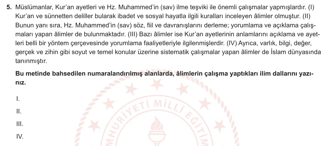 12. Sınıf Din Kültürü ve Ahlak Bilgisi 2024-2025 1. Dönem 1. Yazılı 5. Soru görseli