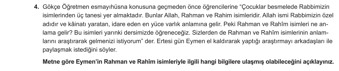 5. Sınıf Din Kültürü ve Ahlak Bilgisi 2024-2025 1. Dönem 1. Yazılı 4. Soru görseli