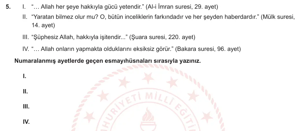 5. Sınıf Din Kültürü ve Ahlak Bilgisi 2024-2025 1. Dönem 1. Yazılı 5. Soru görseli