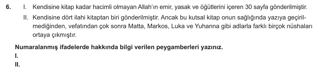 6. Sınıf Din Kültürü ve Ahlak Bilgisi 2024-2025 1. Dönem 1. Yazılı 6. Soru görseli