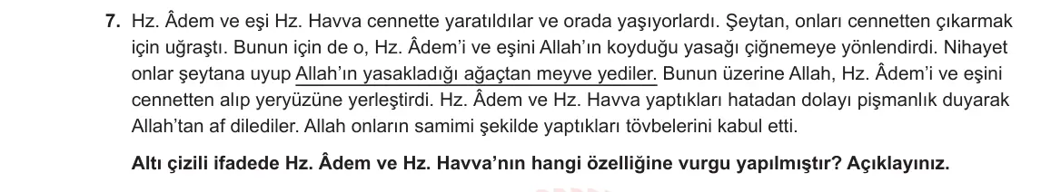6. Sınıf Din Kültürü ve Ahlak Bilgisi 2024-2025 1. Dönem 1. Yazılı 7. Soru görseli