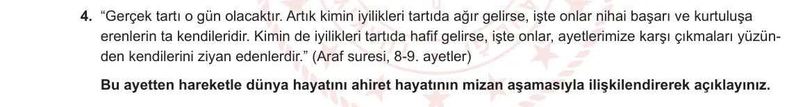 7. Sınıf Din Kültürü ve Ahlak Bilgisi 2024-2025 1. Dönem 1. Yazılı 4. Soru görseli