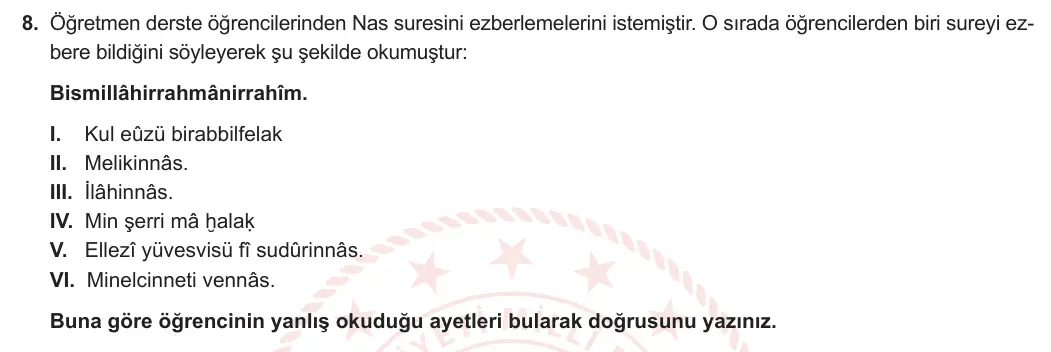 7. Sınıf Din Kültürü ve Ahlak Bilgisi 2024-2025 1. Dönem 1. Yazılı 8. Soru görseli