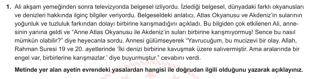 8. Sınıf Din Kültürü ve Ahlak Bilgisi 2024-2025 1. Dönem 1. Yazılı 1. Soru görseli