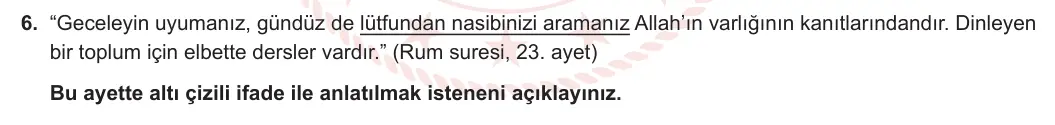 9. Sınıf Din Kültürü ve Ahlak Bilgisi 2024-2025 1. Dönem 1. Yazılı 6. Soru görseli