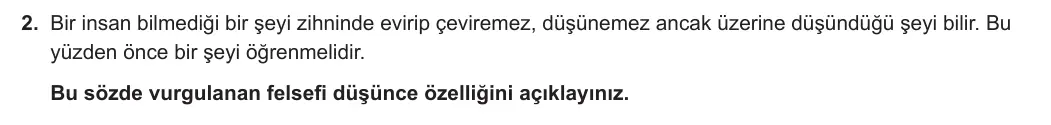 10. Sınıf Felsefe 2024-2025 1. Dönem 1. Yazılı 2. Soru görseli