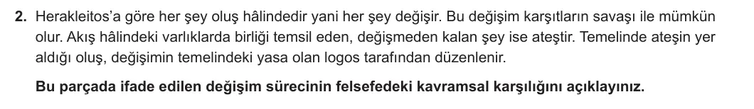 11. Sınıf Felsefe 2024-2025 1. Dönem 1. Yazılı 2. Soru görseli