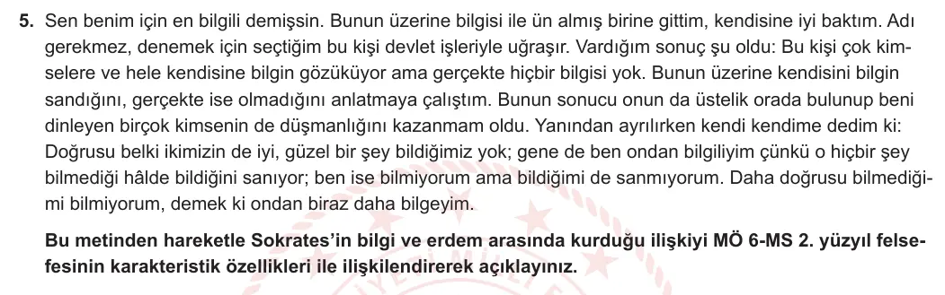 11. Sınıf Felsefe 2024-2025 1. Dönem 1. Yazılı 5. Soru görseli