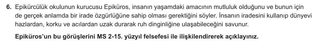 11. Sınıf Felsefe 2024-2025 1. Dönem 1. Yazılı 6. Soru görseli