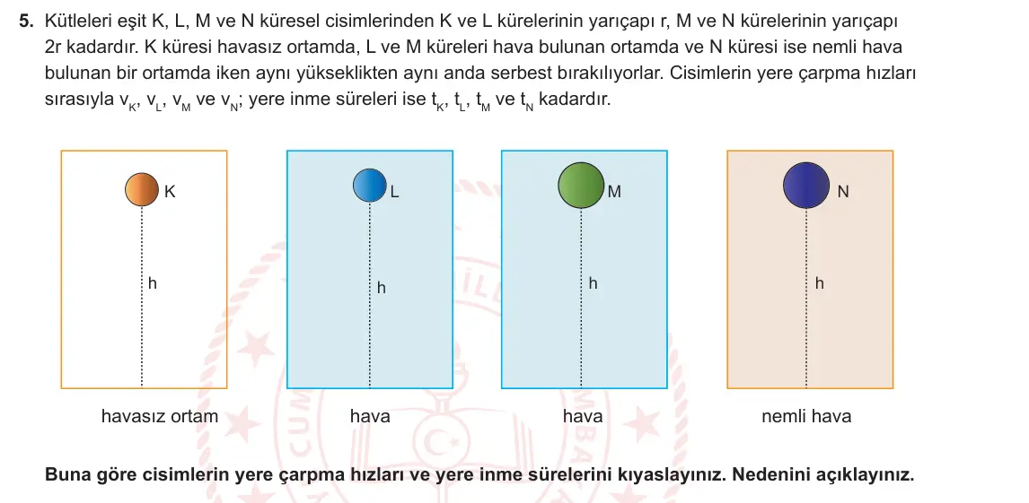 11. Sınıf Fizik 2024-2025 1. Dönem 1. Yazılı 5. Soru görseli