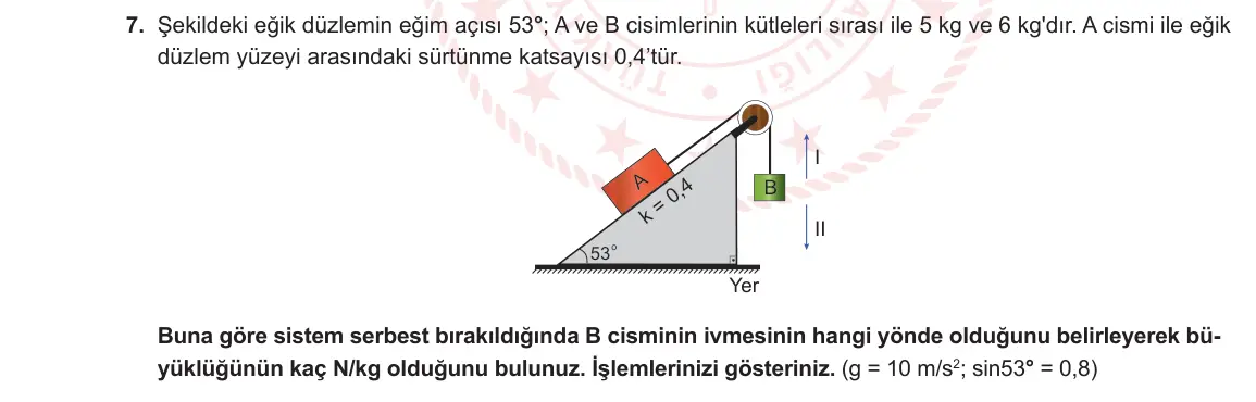 11. Sınıf Fizik 2024-2025 1. Dönem 1. Yazılı 7. Soru görseli