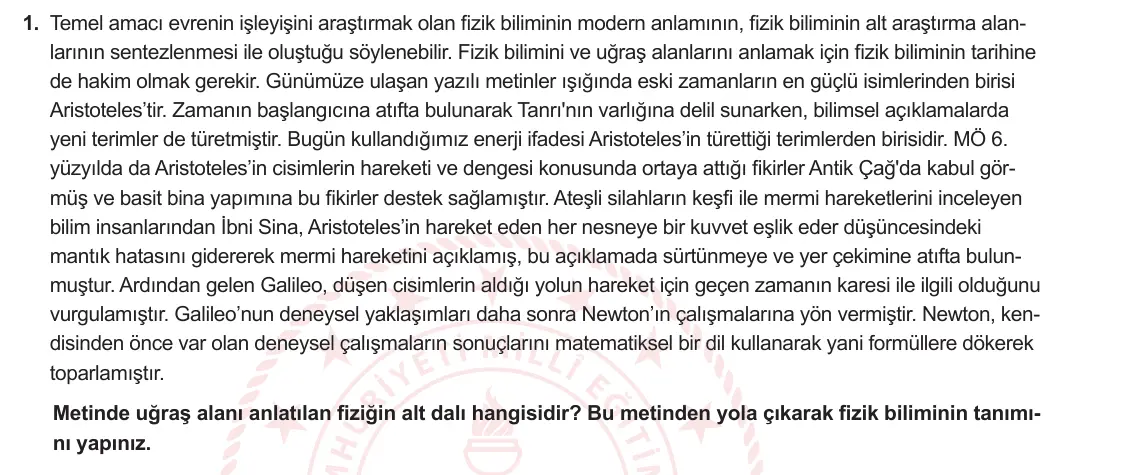9. Sınıf Fizik 2024-2025 1. Dönem 1. Yazılı 1. Soru görseli