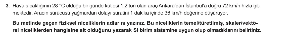 9. Sınıf Fizik 2024-2025 1. Dönem 1. Yazılı 3. Soru görseli
