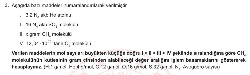 10. Sınıf Kimya 2024-2025 1. Dönem 1. Yazılı 3. Soru görseli