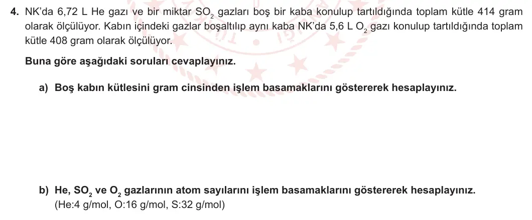 10. Sınıf Kimya 2024-2025 1. Dönem 1. Yazılı 4. Soru görseli