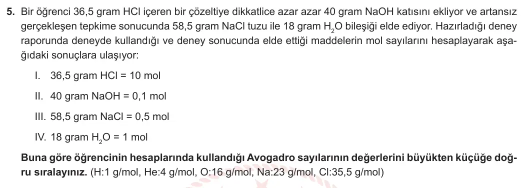 10. Sınıf Kimya 2024-2025 1. Dönem 1. Yazılı 5. Soru görseli