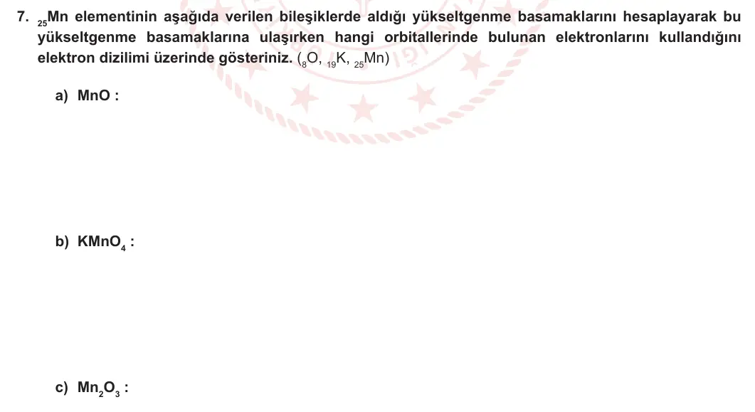 11. Sınıf Kimya 2024-2025 1. Dönem 1. Yazılı 7. Soru görseli