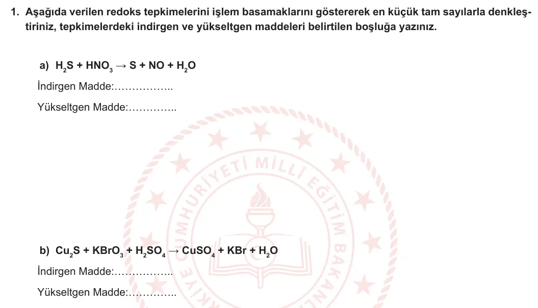 12. Sınıf Kimya 2024-2025 1. Dönem 1. Yazılı 1. Soru görseli