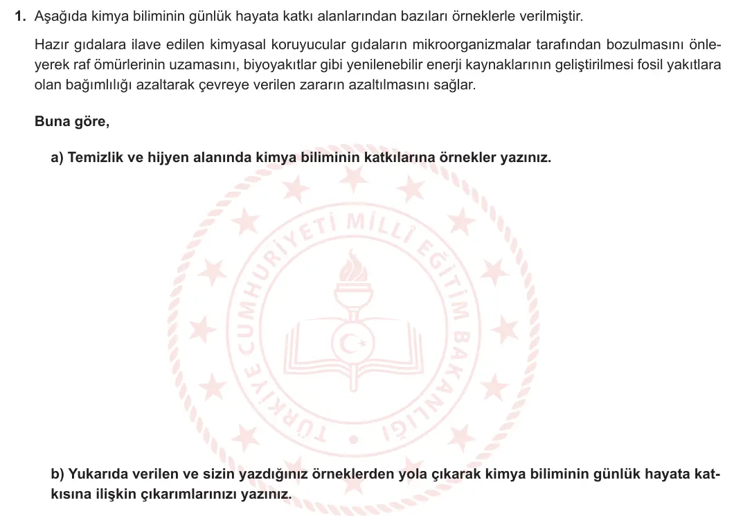 9. Sınıf Kimya 2024-2025 1. Dönem 1. Yazılı 1. Soru görseli