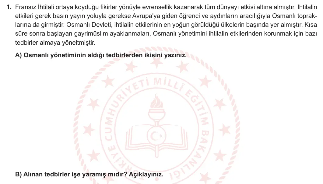 8. Sınıf T.C. İnkılap Tarihi ve Atatürkçülük 2024-2025 1. Dönem 1. Yazılı 1. Soru görseli