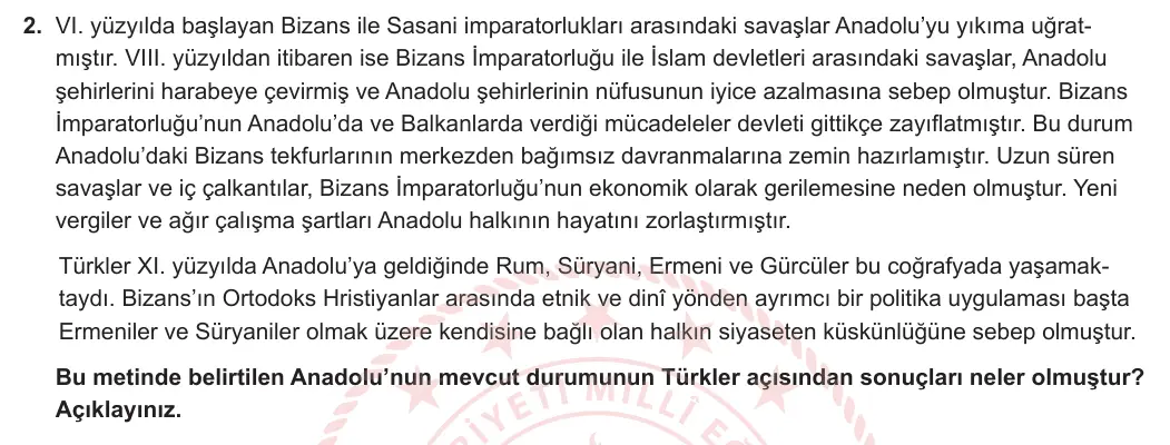10. Sınıf Tarih 2024-2025 1. Dönem 1. Yazılı 2. Soru görseli
