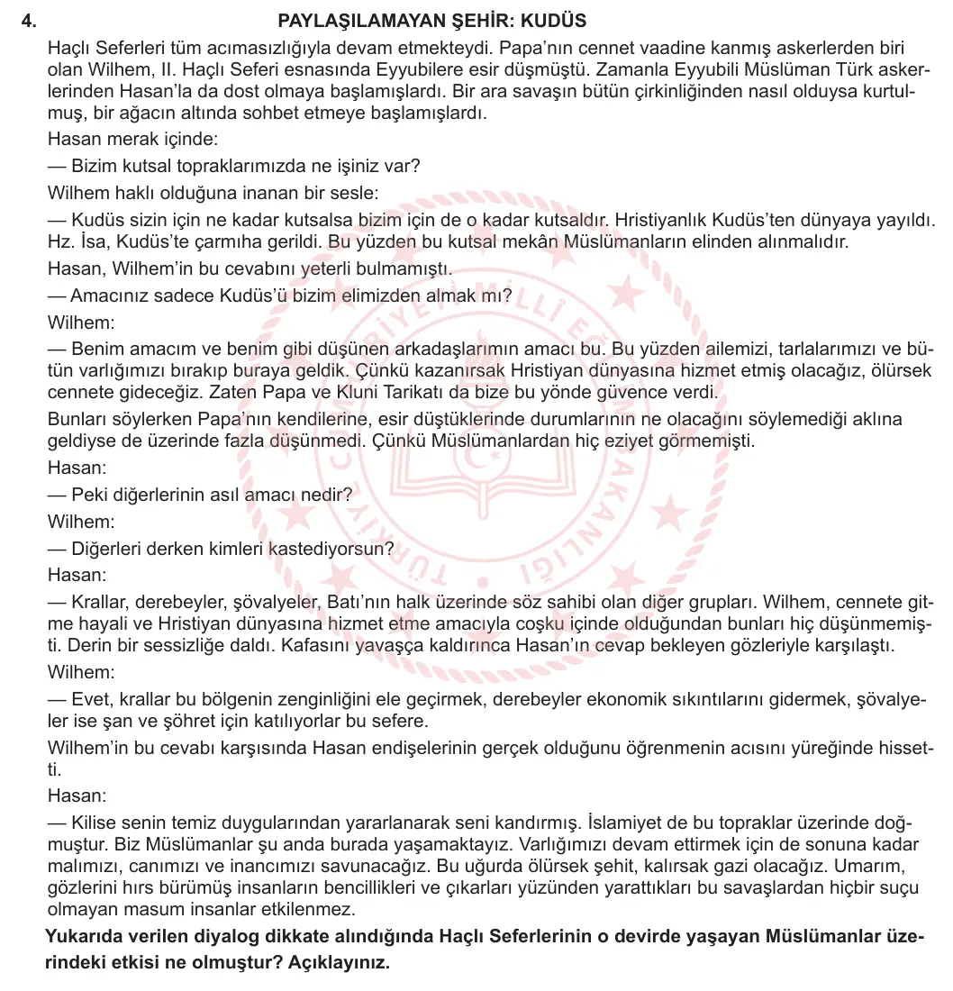10. Sınıf Tarih 2024-2025 1. Dönem 1. Yazılı 4. Soru görseli