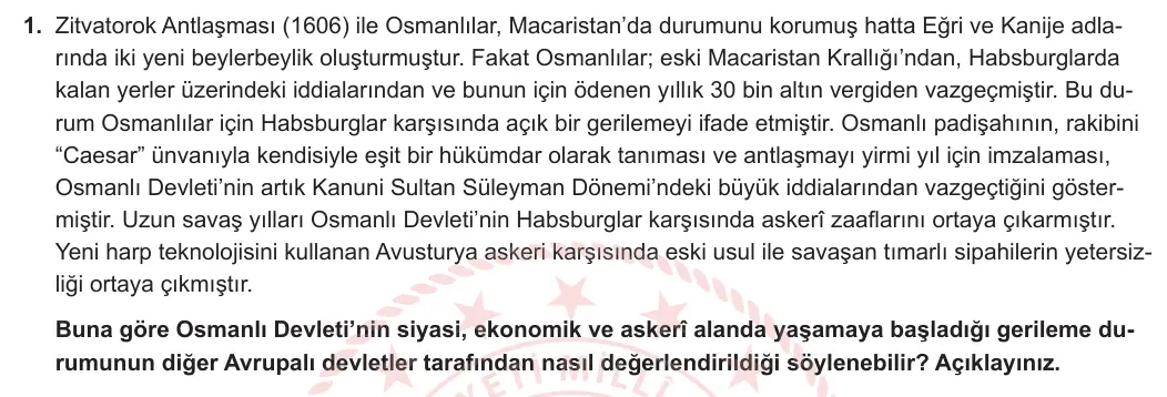 11. Sınıf Tarih 2024-2025 1. Dönem 1. Yazılı 1. Soru görseli