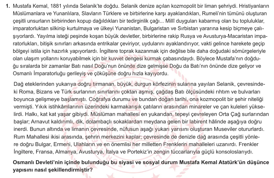 12. Sınıf T.C. İnkılap Tarihi ve Atatürkçülük 2024-2025 1. Dönem 1. Yazılı 1. Soru görseli