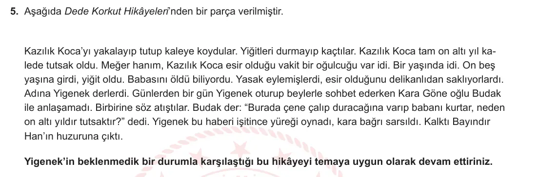 10. Sınıf Türk Dili ve Edebiyatı 2024-2025 1. Dönem 1. Yazılı 5. Soru görseli