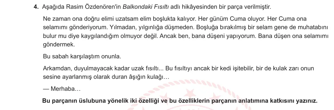 12. Sınıf Türk Dili ve Edebiyatı 2024-2025 1. Dönem 1. Yazılı 4. Soru görseli (1/2)