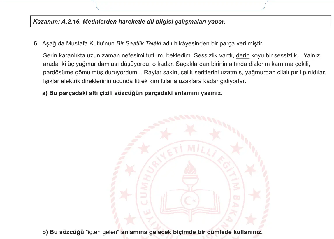 12. Sınıf Türk Dili ve Edebiyatı 2024-2025 1. Dönem 1. Yazılı 5. Soru görseli (2/2)