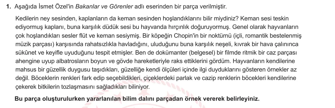 9. Sınıf Türk Dili ve Edebiyatı 2024-2025 1. Dönem 1. Yazılı 1. Soru görseli