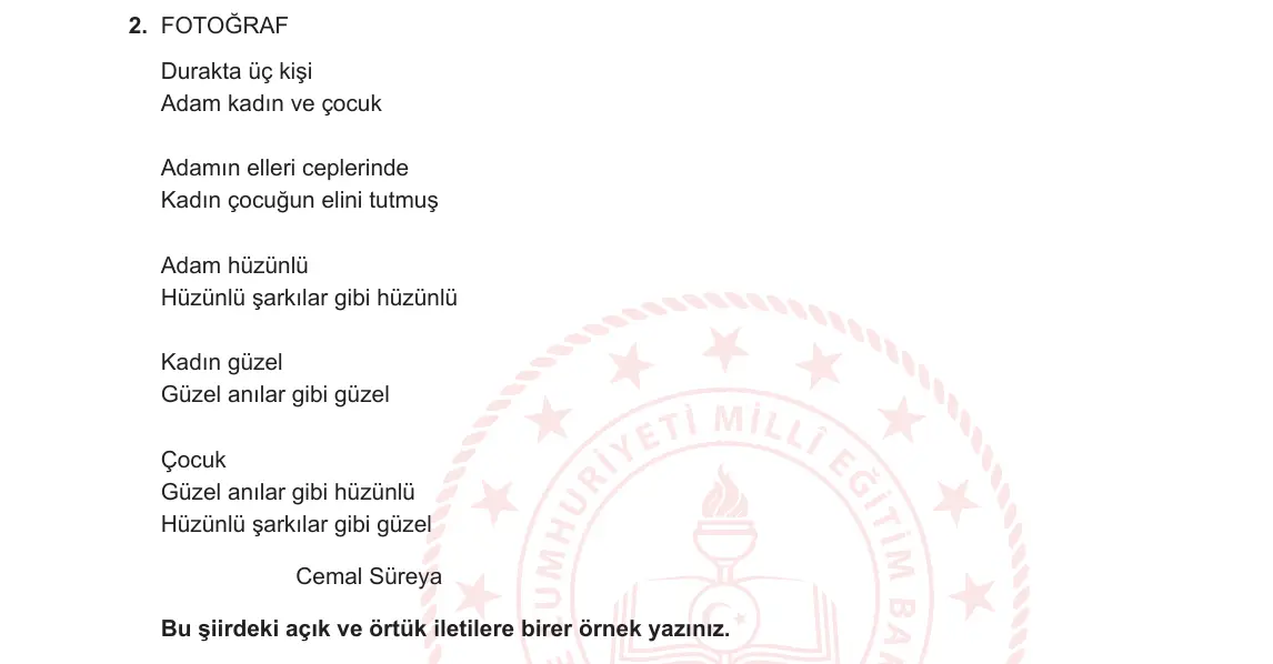 9. Sınıf Türk Dili ve Edebiyatı 2024-2025 1. Dönem 1. Yazılı 2. Soru görseli