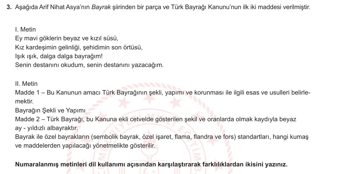 9. Sınıf Türk Dili ve Edebiyatı 2024-2025 1. Dönem 1. Yazılı 3. Soru görseli (1/2)
