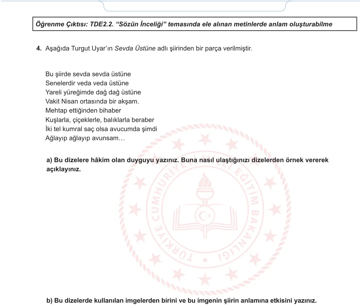 9. Sınıf Türk Dili ve Edebiyatı 2024-2025 1. Dönem 1. Yazılı 3. Soru görseli (2/2)
