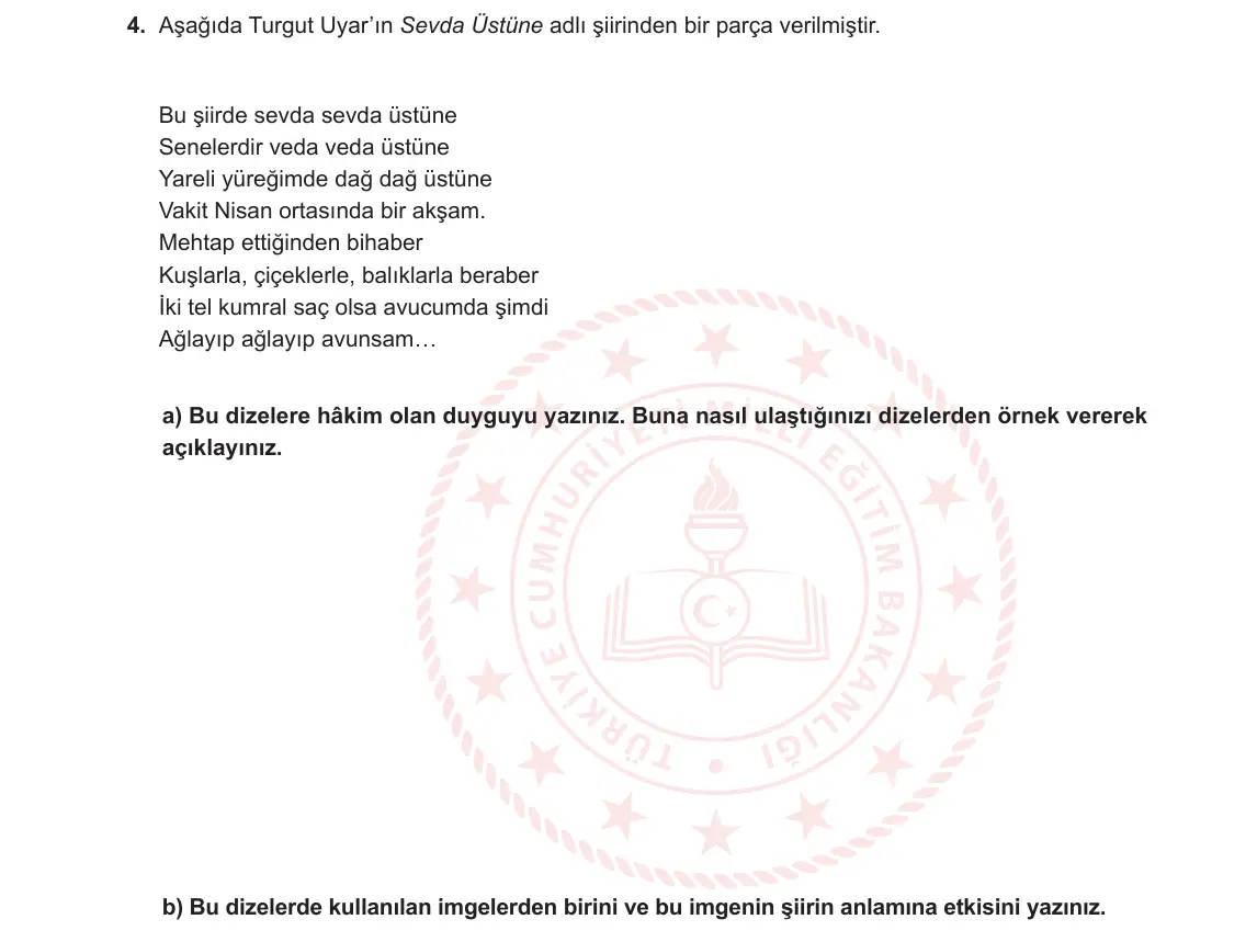 9. Sınıf Türk Dili ve Edebiyatı 2024-2025 1. Dönem 1. Yazılı 4. Soru görseli (1/2)