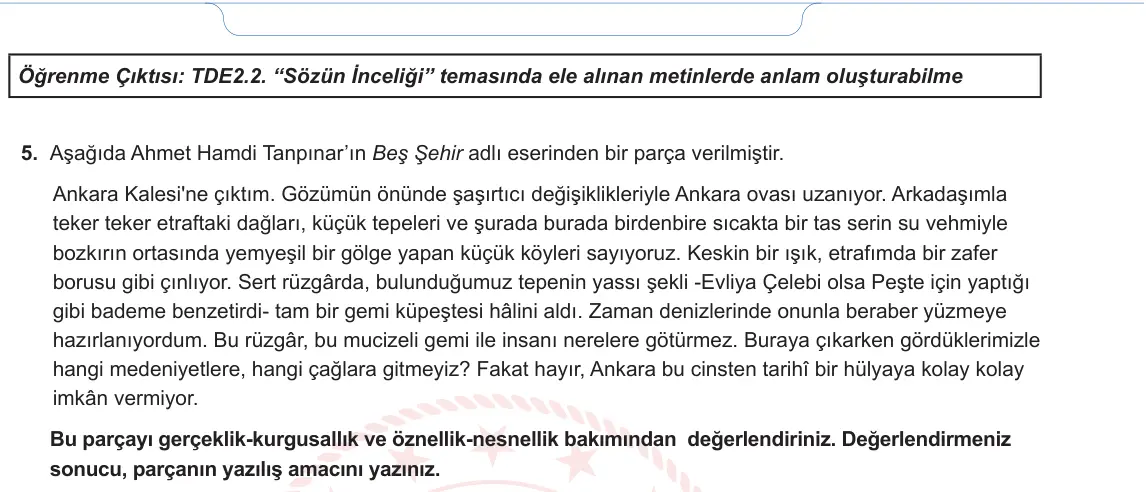 9. Sınıf Türk Dili ve Edebiyatı 2024-2025 1. Dönem 1. Yazılı 4. Soru görseli (2/2)