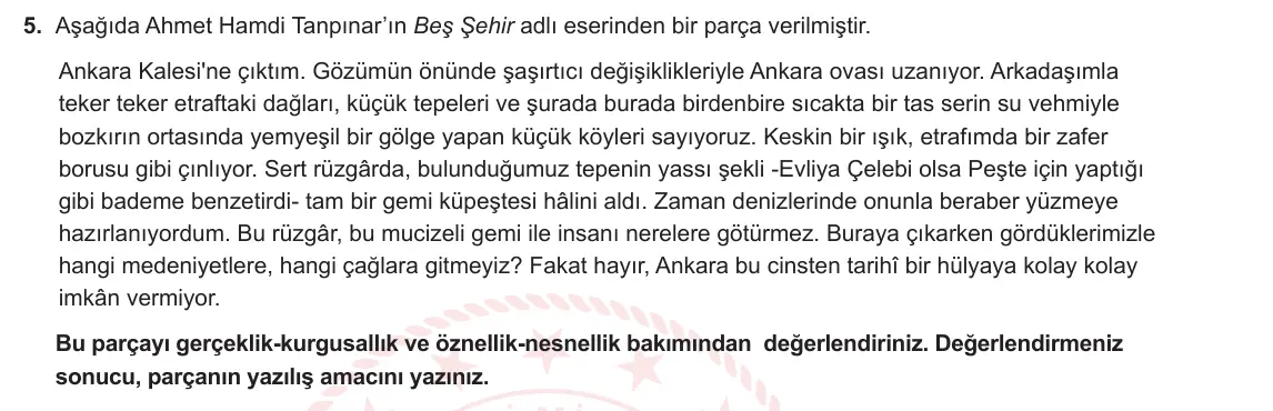 9. Sınıf Türk Dili ve Edebiyatı 2024-2025 1. Dönem 1. Yazılı 5. Soru görseli (1/2)