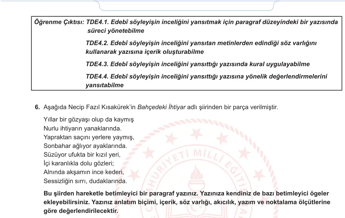 9. Sınıf Türk Dili ve Edebiyatı 2024-2025 1. Dönem 1. Yazılı 5. Soru görseli (2/2)