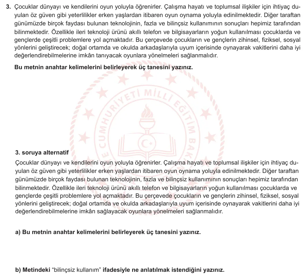 5. Sınıf Türkçe 2024-2025 1. Dönem 1. Yazılı 3. Soru görseli