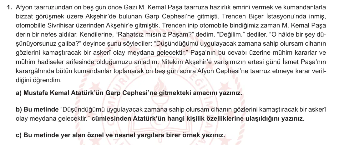 6. Sınıf Türkçe 2024-2025 1. Dönem 1. Yazılı 1. Soru (Yıldırım Yayınları) görseli