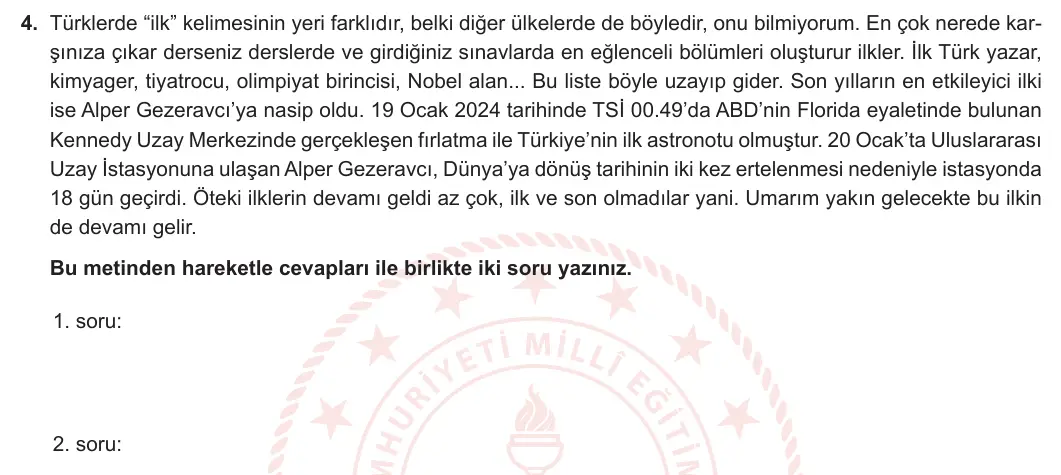 8. Sınıf Türkçe 2024-2025 1. Dönem 1. Yazılı 4. Soru görseli