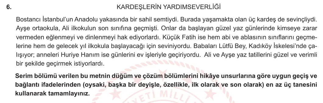 8. Sınıf Türkçe 2024-2025 1. Dönem 1. Yazılı 6. Soru görseli