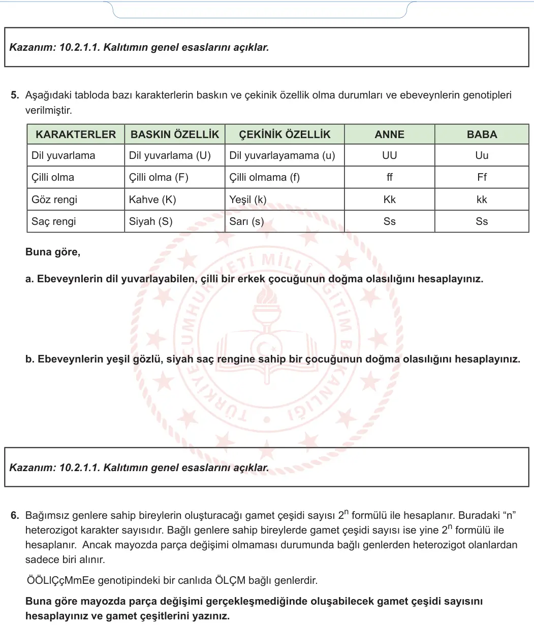 10. Sınıf Biyoloji 2024-2025 1. Dönem 2. Yazılı 4. Soru görseli (2/2)