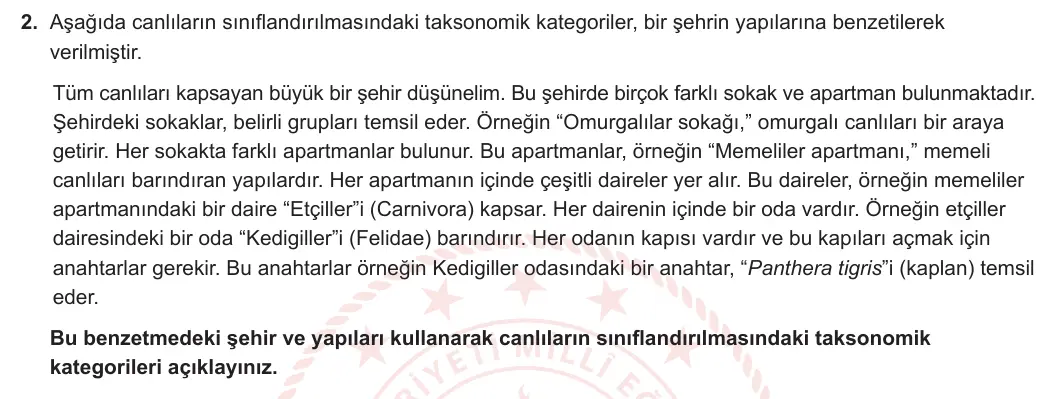 9. Sınıf Biyoloji 2024-2025 1. Dönem 2. Yazılı 2. Soru görseli (1/2)