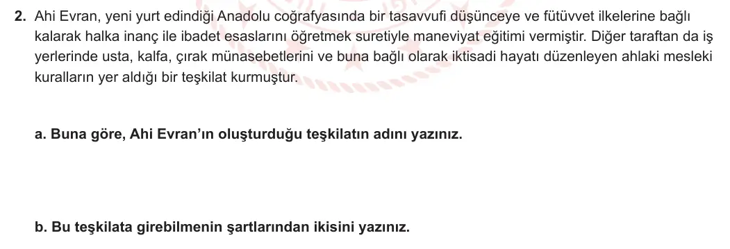 12. Sınıf Din Kültürü ve Ahlak Bilgisi 2024-2025 1. Dönem 2. Yazılı 2. Soru görseli